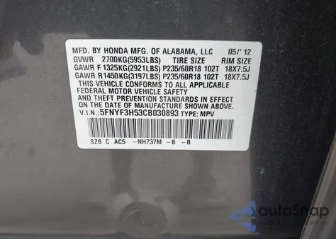 2012 Honda Pilot Ex-L z USA, uszkodzony, nr VIN 5FNYF3H53CB030893